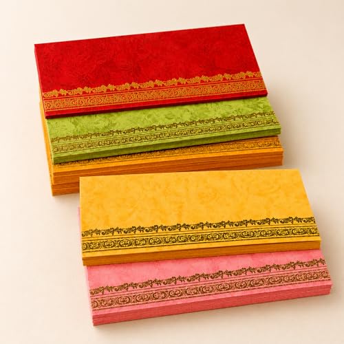 LoveNspire Money Envelopes (7 x 3 Inch) Decorative Golden Border Shagun Lifafa for Indian Wedding, Birthday | Cash Gift Holder & Home Savings Organizer Multicolor 50