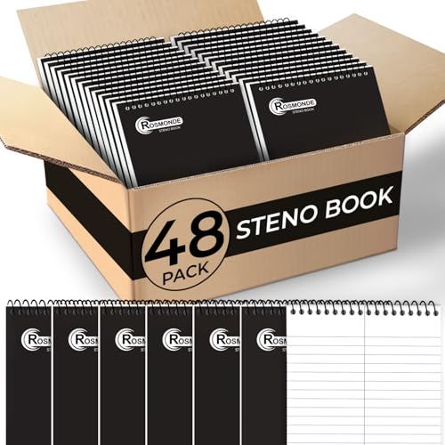Rosmonde Bulk Steno Pads, 48 Pack, 6x9 Gregg Ruled, Black Covers, 80 Sheets