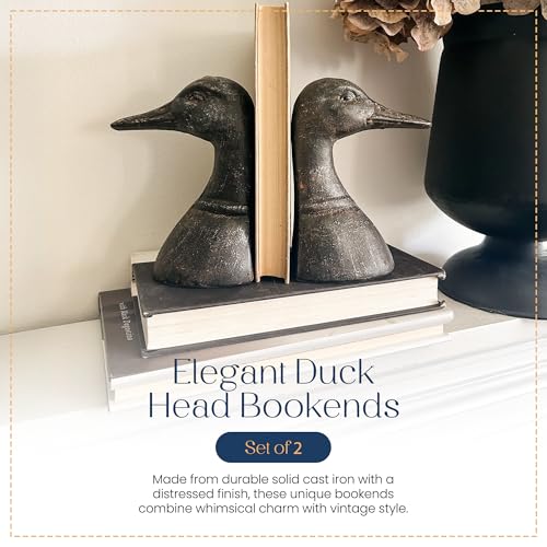 Decoronix Decorative Distressed Cast Metal Duck Head Bookends - Heavy Duty Book Stopper for Shelves, Cute Novelty Book Holder - Rustic Vintage Home Office Organizer Set of 2