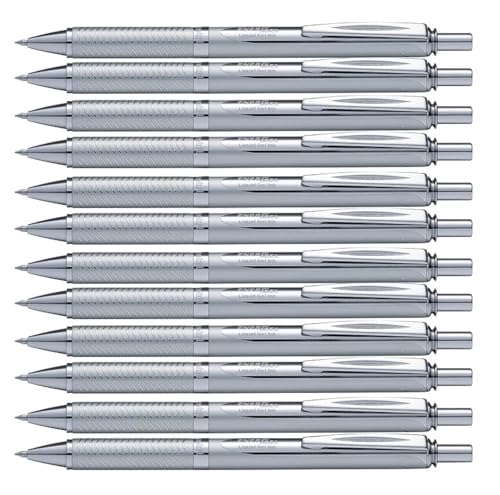 Pentel EnerGel Sterling Rollerball, 0.7 mm Tip, Silver Barrel, Black Ink (Pack of 12)