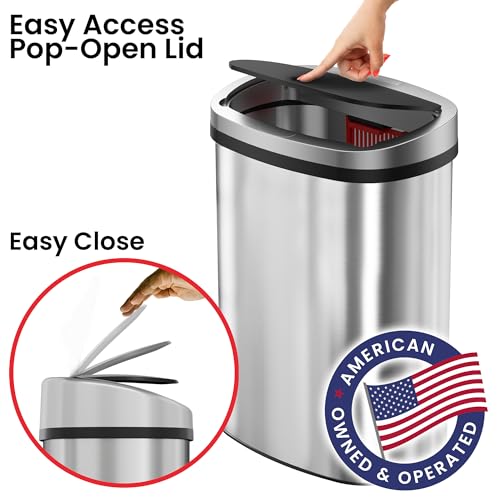 iTouchless Push-Top Lid 13 Gallon Trash Can with Odor Control System – Stainless Steel Garbage Bin, Press-Top Soft-Close Spring Lid, Fingerprint-Resistant for Kitchen, Home Office, Restroom, Business
