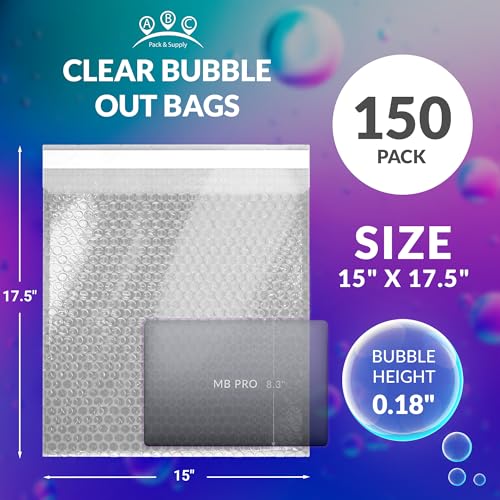 ABC PACK & SUPPLY Bubble Wrap Pouches, 15 x 17.5 Inch Clear Self Seal Packing Bags, Polyethylene Cushioning Sleeves for Shipping, Moving, Storage, Pack of 150