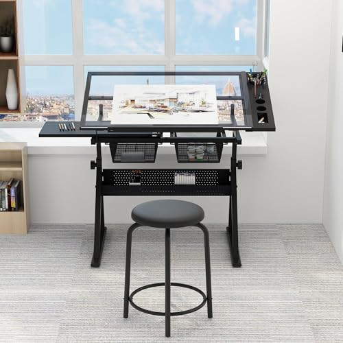 LALFPET Adjustable Height Glass Top Drawing Table - Tiltable Desktop - Storage Drawers - Extra Side Desktop and Stool - Folding Artist Craft Desk for Adults - Black