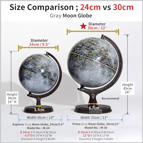 Mapsoft Explorer Gray Moon Globe, 24cm/9.5", M-24, Lunar Globe, Moon Map, Lunar Map, Moon Atlas, Lunar Atlas
