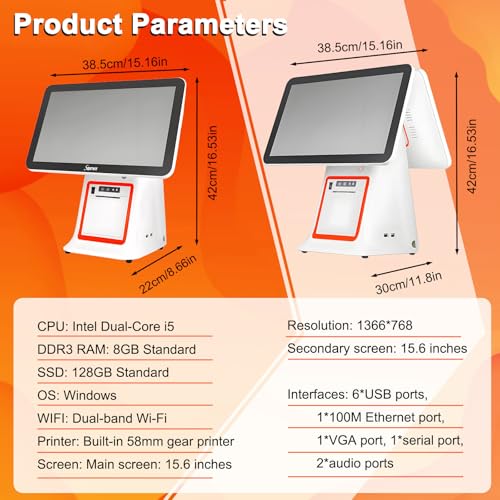 15.6 Inch Dual Touch Screen Cash Register, All-in-One Smart POS System with Built-in Receipt Printer, 8GB RAM 128G SSD for Retail, Catering & Hospitality Black-Dualscreen
