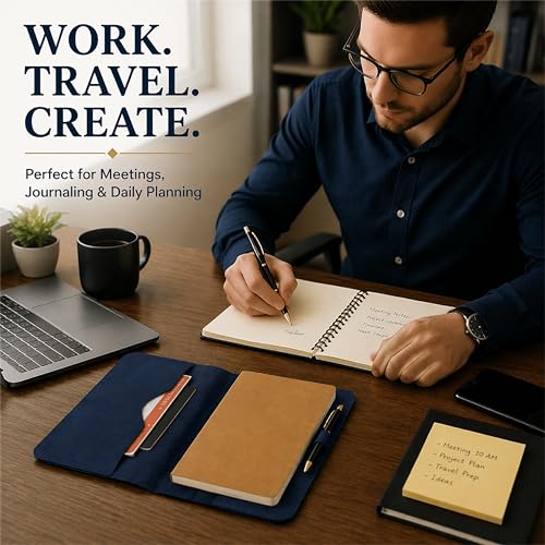 TheAntiq Premium Leather Journal Cover A5 – Handmade Refillable Notebook Cover Sleeve with Pen Holder for Writing, Travel & Business Use 5.75 x 8.25 (Blue)