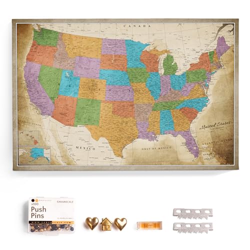USA Map Canvas Wall Art with Cork Pin Board – Decorative Push Pin Travel Map for Home, Office, Living Room, Bedroom (90x60cm - Pattern 03)