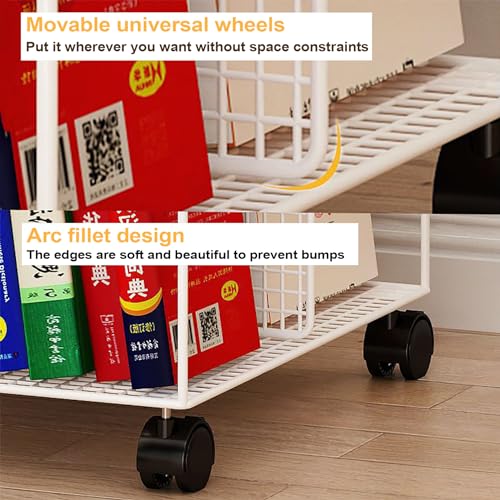 ERoomQ Four Sided Design Metal Rolling Cart Mobile Book Shelf Cart Moveable Bookshelf on Wheels,Magazine Rack Book Carts,Bookcases for Kids Children Students Study (Black)