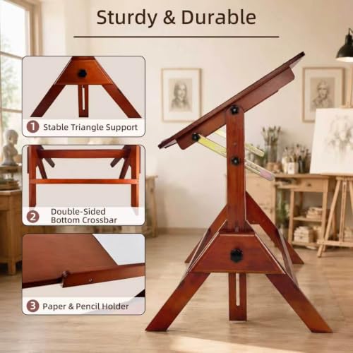 Stuelloaf Walnut Solid Wood Adjustable Drafting Table, Art Drawing Desk