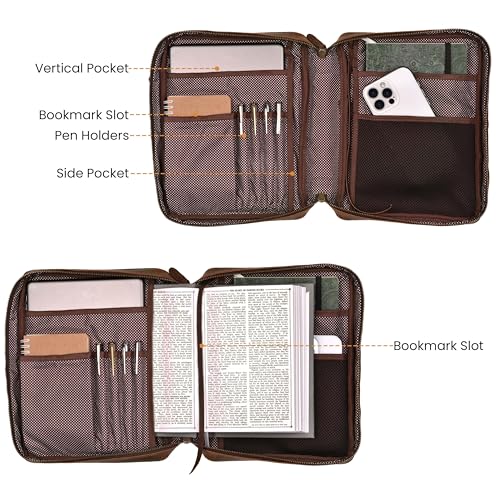 LEATHER VILLAGE Large Leather Bible Cover with Carry Handle & Zipper Brown