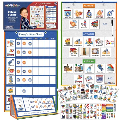 SchKIDules Deluxe Magnetic Visual Schedule & Reward Chart w/189 Colorful Magnets & Reversible 18” Folding Board for Daily Routines, Chores, Behavioral Supports, Kids Calendar, ADHD & Autism Icons