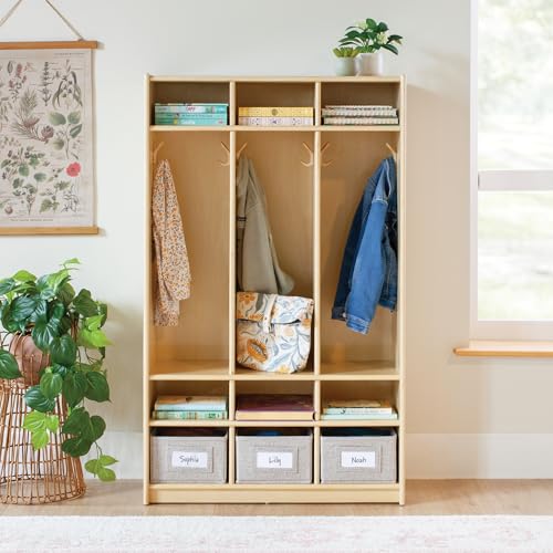 Guidecraft EdQ 3-Section Wooden Storage Locker for Classroom, Kids Natural Wood Cubby Organizer with Shelves and Hooks for Coats