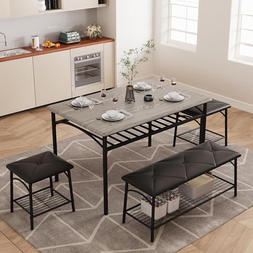 IDEALHOUSE Dining Table Set for 4, Kitchen Table with Upholstered Bench and 2 Chairs, Kitchen Table and Chairs Set with Storage Shelf,Small Space Saving Design, Easy Assembly, Retro Gray