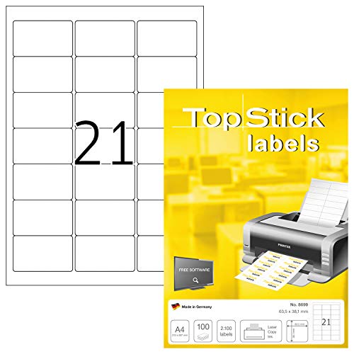 TopStick 8699 Address Labels 1000 Sheets 63.5 x 38.1 mm 21 per A4 Sheet Pack of 21000 Self-Adhesive Printable Matt Blank Paper Address Labels White