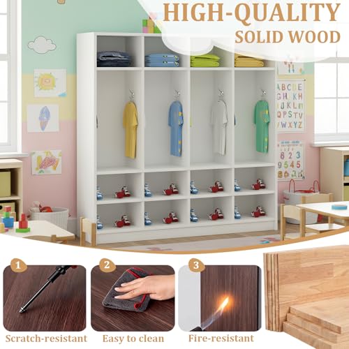 LHIUGE 4-Section Classroom Coat Locker,Kids Cubby Storage Organizer with 12 Cubbies,Wooden Lockers with 8 Hooks,Classroom Cubbies for Home, Office, School, Kindergarten