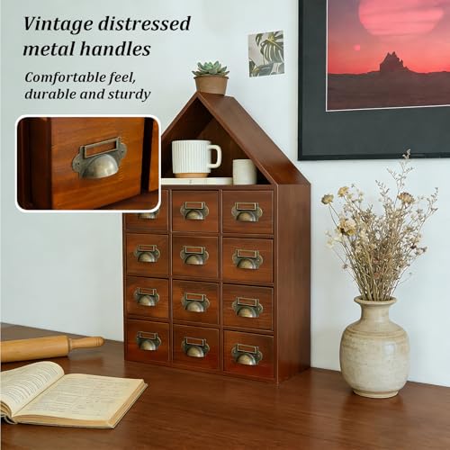 Vintage 12 Drawer Desktop Organizer, Apothecary Cabinet with Metal Handles, Vintage Library Card Catalog Cabinets with Drawers for Tea Crafts Cosmetics Office Supplies