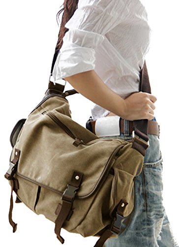 [Upgraded] Vintage Canvas Messenger Bag 13 15.6 17 inches Large Book Laptop Shoulder Bag Women Men New (Beige, X-Large)