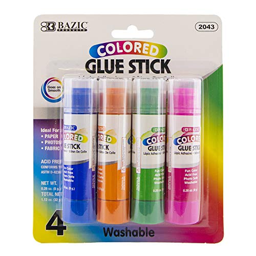 BAZIC Products Washable Colored Glue Sticks, 0.28 oz, 4 Count, 24-Box