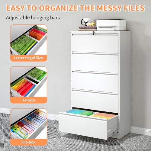 Hassyee Sturdy Vertical File Cabinets with Lock for Home Office, Durable Steel Office Filing Cabinet Printer Stands Storage Organizer with Smooth Drawers for A4 Legal/Letter Size documents (White7)