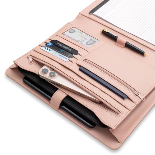 FOREVERMORE PORTFOLIOS Padfolio Binder Organizer for Women | Faux Leather Portfolio Folder for Resume, Documents, Notebook, Tablet and Business Cards | Notepad Included - Pink with Gold Edge