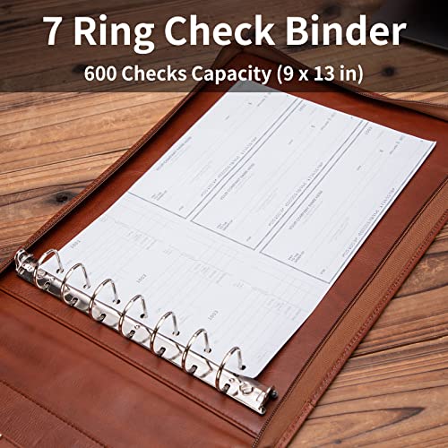 Geslun Custom Leather 7 Ring Check Binder Zippered, 3-On-A-Page for 9 x 13”