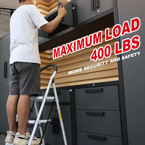 Big RED 3 Step Ladder, Folding Step Stool with Anti-Slip Pedal, Step Ladder 3 Step Folding with Padded Handle for Kitchen, Household, Offices. 400 lb Capacity