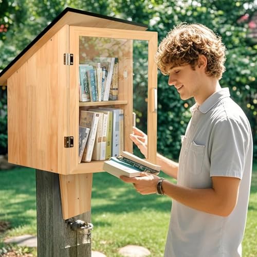 HAFTKD Outdoor Library Book Box, Double Little Library for Sharing Books, DIY Storage Wooden Cabinet Easy Mount for Neighborhoods Community and Schools