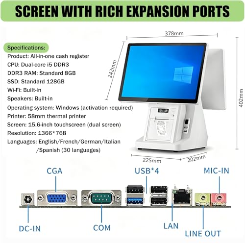 Restaurant POS System with 15.6-Inch Touchscreen All in One Cash Register for Small Business, 8GB RAM 128GB SSD, Retail Store Payment Terminal with Receipt Printer