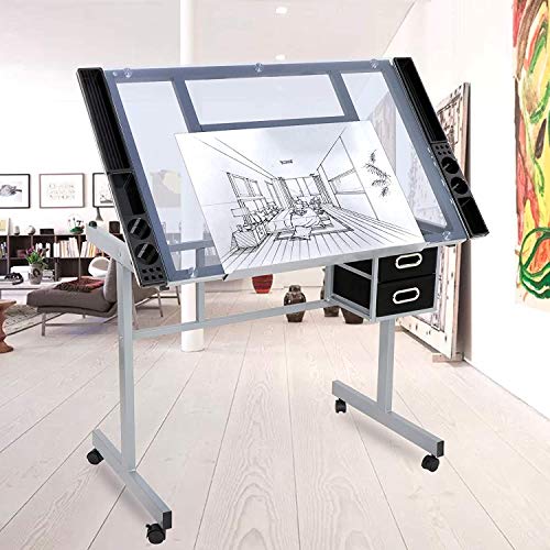Epetlover Adjustable Drafting Table Drawing Desk Folding Tempered Glass Top Art Craft Work Station w/2 Slide Storage Drawers and Wheels