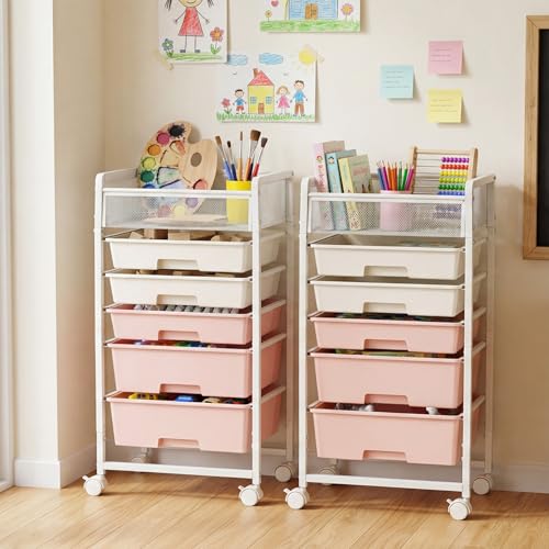 Stylish Rolling Craft Cart with 5 Drawers, Craft Cart with Wheels, Art Cart Organizer and Storage, Rolling Utility Cart with Handles for Organizing Crafts, Yarn, Toys, School Supplies, etc