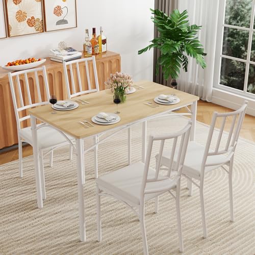 Yafylly 5-Piece Dining Table Set with 4 Chairs & Adjustable Feet, Upholstered Seats Kitchen Table and Chairs Set of 4, Space-Saving Design for Small Apartments and Dining Rooms, White