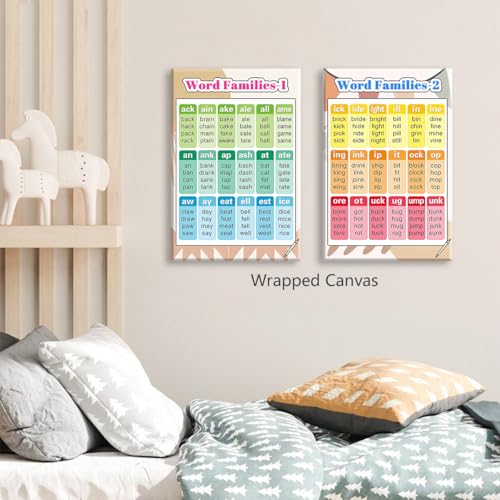 perasi Set of 2 Word Families Posters Canvas, Educational Words Learning Charts for Toddlers 1-3, Kindergarten Nursery Classroom Learning Tools Educational Table for Kids 16x24in Wrapped Canvas