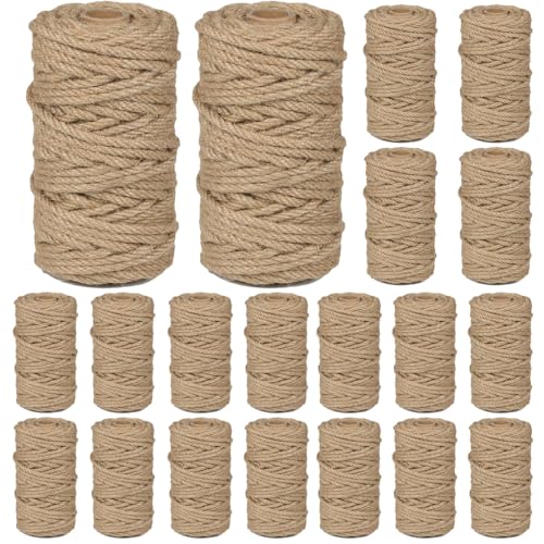 PerkDecor 20Pack 4mm Natural Jute Twine Rope 2400 Feet Twisted Heavy Duty Thick Twine for Cat Scratching Post Tree Craft Projects Garden Home Decoration Packing Bundling (Brown-120Feet/Roll)