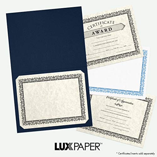 LUXPaper 9.5" x 12" Certificate Holders | Nautical Blue Linen | Embossed Gold Foil Floral Border | 100lb. Cover | 100 Qty