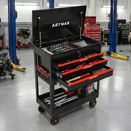KEIKI 3-Drawer Rolling Tool Cart with Lift-Up Steel Top, Utility Tool Box, Multi-Functional Tool Storage Organizer Cabinet for Garage, Warehouse, Workshop, Repair Shop, Black