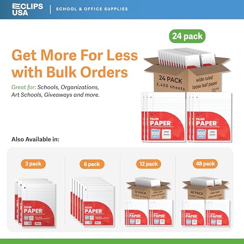 Wide Ruled Loose Leaf Paper Wide Ruled Notebook Paper Lined Writing Filler Paper 10.5” x 8” 56 gsm 2400 Sheets 100 Sheet Per Pack (24 Pack)