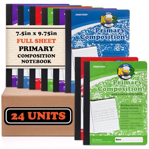 Mintra Primary Composition Notebook, 24 units 6-4 Pack, Assorted Colors, 80 Sheets, 7.5in x 9.75in, Full Sheet, Ruled with Drawing Area, Flexible Hardcover Journal, Grades K-2, School & Home Use