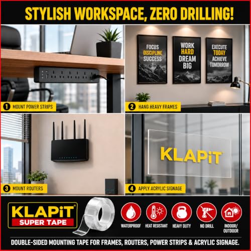 KLAPiT Tough Super Heavy Duty Double Sided Tape (3.28FT/1M) – Waterproof Removable Mounting Tape | 90lbs Hold Weatherproof Nano Tape for Home Decor, Kitchen, Classroom Must Haves & Office (Pack of 4)