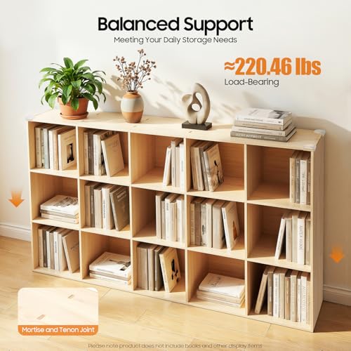 BbqLiaxon 15-Compartment Solid Mobile Cubby Storage Cabinet -Vertical Or Horizontal Bookcase - Open Book Shelf, Rectangular Wood Shelves Cube Shelf for Living Room, Bedroom, Office