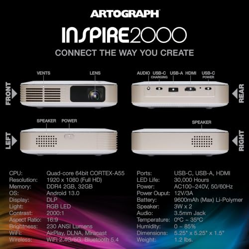 Artograph Inspire 2000 Digital Art Projector, Full HD 1080P, Auto Focus