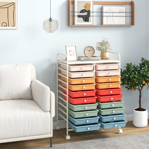20-Drawer Rolling Cart with Drawers, Storage Cart with Universal Wheel & Metal Frame, Multipurpose Mobile Trolley Utility Cart for Makeup Kitchen Office Play Room