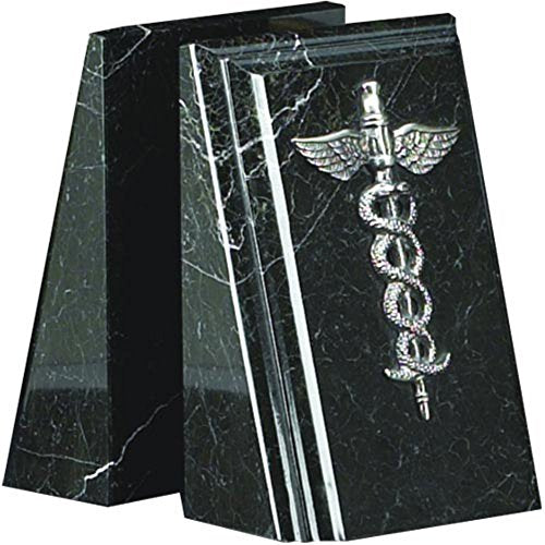Bey-Berk Beveled Black Zebra Marble Bookends with Antique Silver Plated Medical Emblem, 3.5"L x 4.5"W x 7.25"H