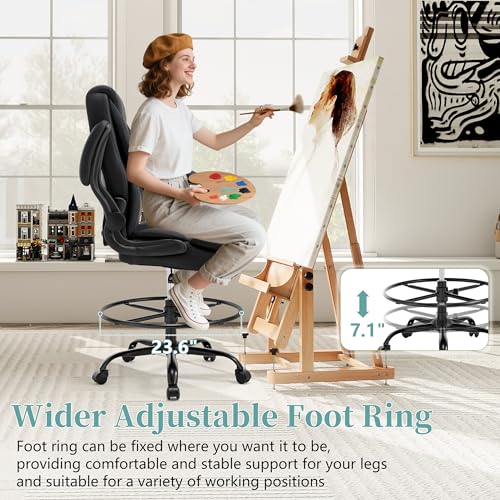 Ergonomic Drafting Chair, Tall Office Chair for Standing Desk, High Back Standing Desk Chair with Flip-Up Armrest, Adjustable Height&Foot Ring, Executive Extended Height Office Chairs,PU Leather Black