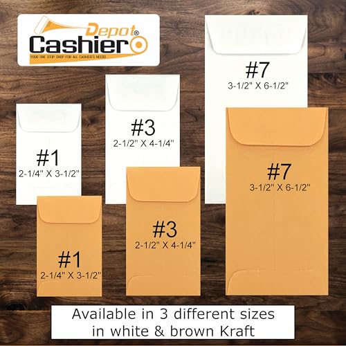 1000 Cashier Depot - #7 Coin Envelopes, 3.5" x 6.5", Sturdy 24 lb. White Paper, Strong Gummed Flap, for Cash, Receipts, Seeds & Small Parts, 1000 Count