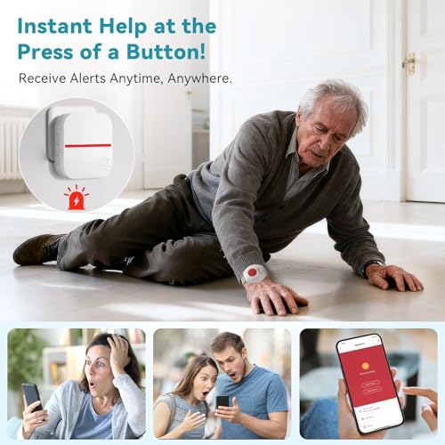 WiFi Caregiver Pager Life Alert Systems for Seniors No Monthly Fee App Control Medical Alert Systems for Seniors, 1Waterproof Call Button+ 1Watch Button 1Receiver(Only Supports 2.4GHz Wi-Fi)