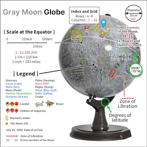 Mapsoft Prime Gray Moon Globe, 12" Lunar Globe and Atlas, Moon Map and Poster