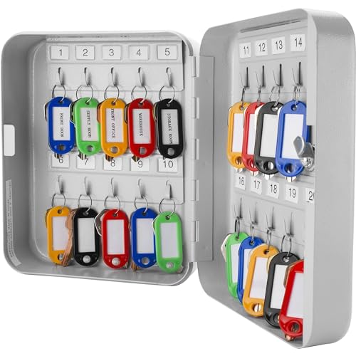Barska 20 Position Key Cabinet with Key Lock Wall Mounted Security Storage Box Steel Key Organizer with Colorful Key Tag Labels Stickers and Hooks, Key Management, Key Storage Lock Box Wall Mount