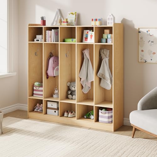 IDEALHOUSE 5-Section Classroom Coat Locker with 10 Cubbies, Daycare Cubby Storage Organizer with 10 Hooks for Home, School, Nursery, Kindergarten, Natural