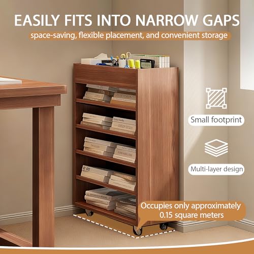 Wooden Book Cart, Multi-Layer Rolling Book Carts, Mobile Bookshelf with Wheels, Large Capacity Storage Rack for Office, Study, Living Room, Bedroom