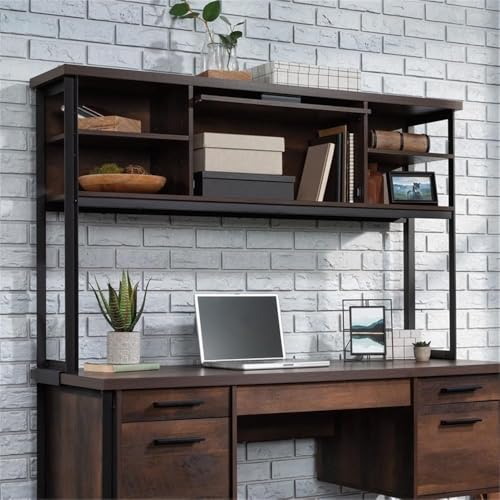 Pemberly Row Contemporary Hutch, 60 in Wide, Engineered Wood and Metal, Barrel Oak Finish, Attaches to Computer Desk, Barrister Door, 2 Adjustable Shelves, Office Storage Organizer